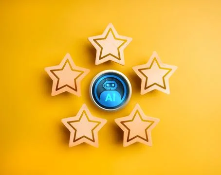 3d Chatbot icon button surround with five stars ratings on yellow backgroun.. イラスト素材