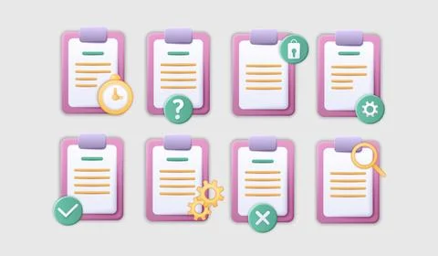 3d check and download document icons. Search paper mark plus presentation Stock Illustration