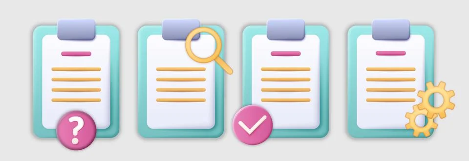 3d check. Document with magnifier and cogwheels. Paper page at clipboard tablet 스톡 일러스트