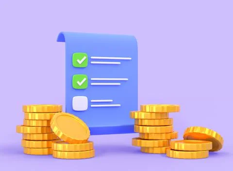 3D Check list with stack gold coins on purple background. Paper bill for tax or Stock Illustration