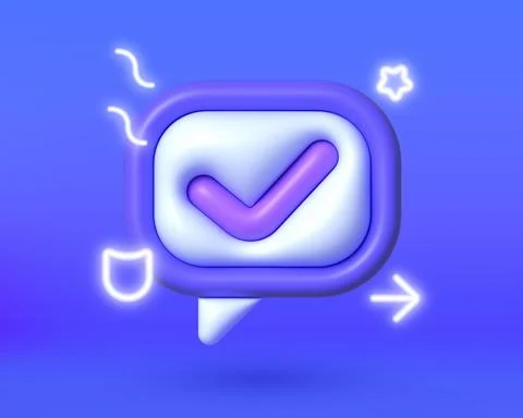 3D check mark neon for paper design. Check mark speech bubble in cartoon style Stock Illustration