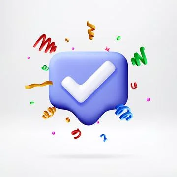 3D check mark notification bubble with confetti. Stock Illustration