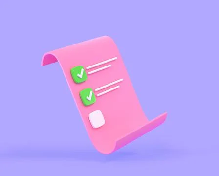 3D Checklist with check marks. Pink sheet paper with test or quiz questions Stock Illustration