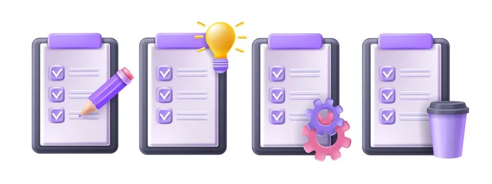 3D checklist clipboard vector icon set, online digital checkbox form  clipart Stock Illustration