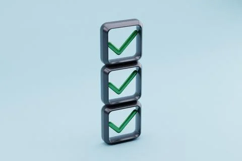 3D checklist complete; light blue background; success Stock Illustration