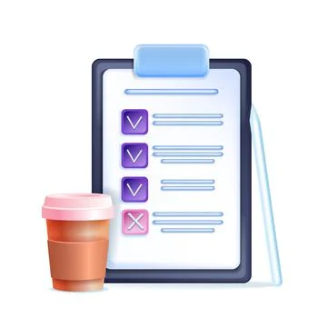 3D checklist document on clipboard, vector test paper illustration, exam note Stock Illustration