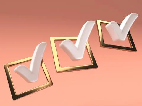 3d Checklist white check mark on gold box pink background Stock Illustration