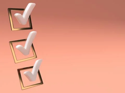 3d Checklist white check mark on gold box pink background Stock Illustration
