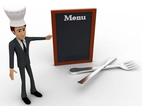  3d chef presenting menu concept 3d chef presenting menu concept on white ... Stock Photos