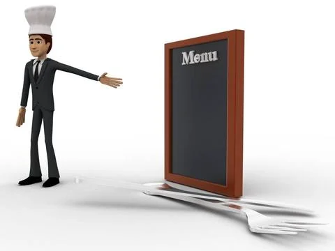  3d chef presenting menu concept 3d chef presenting menu concept on white ... Stock Photos