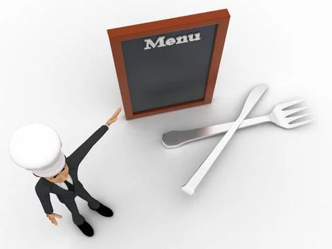  3d chef presenting menu concept 3d chef presenting menu concept on white ... Stock Photos