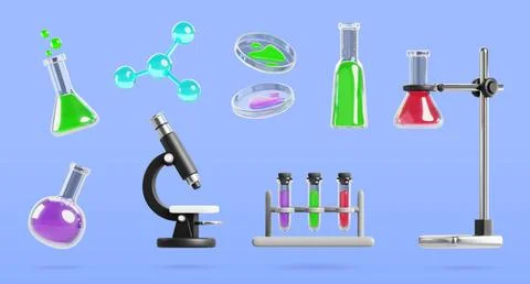 3d chemical lab microscope and flasks set. Isolated laboratory glassware with 스톡 일러스트