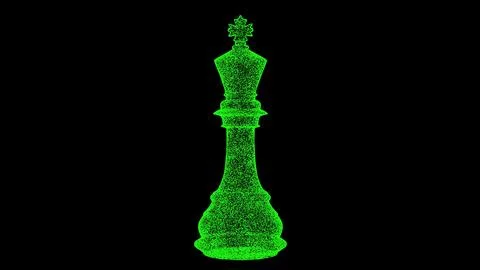 3D chess king on black background. Object made of shimmering particles. Board Illustrazione stock