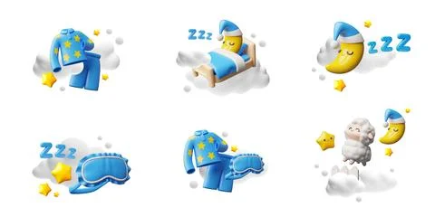 3D childrens set, crescent moon, sheep, pajamas, mask, bed, among the stars and Stock Illustration