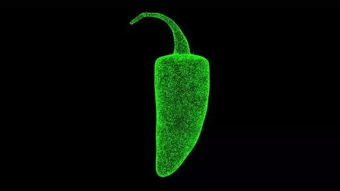 3D chili pepper on black background. Object made of shimmering particles. H.. Illustrazione stock