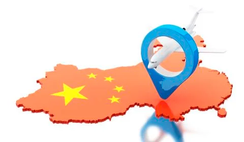 3d China map with map pointer and airplane Illustrazione stock