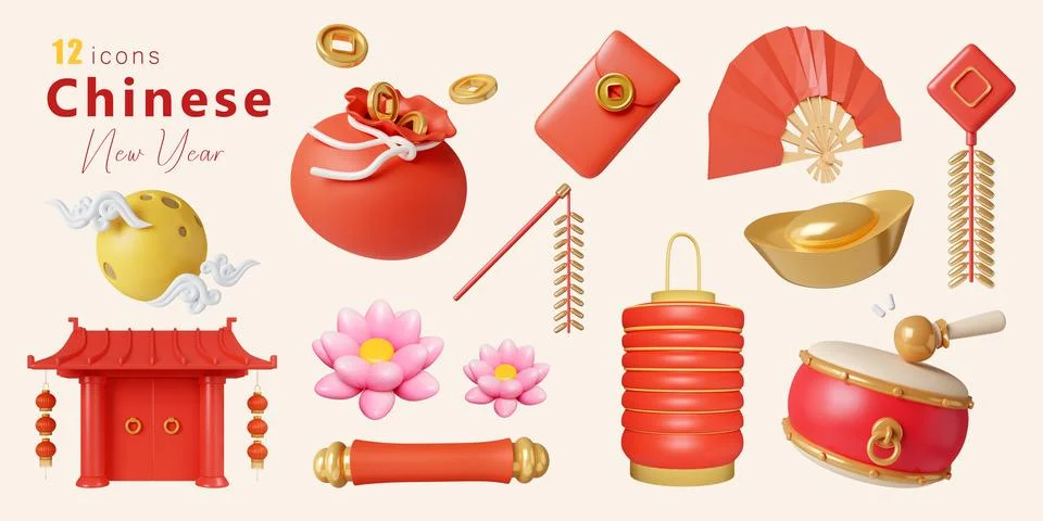 3d Chinese New Year Elements icon set. 3d rendering illustration. Clipping path. Stock Illustration