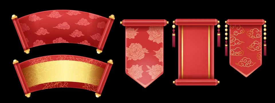 3D Chinese scroll set, festive banner kit, red vector royal asian game Stock Illustration