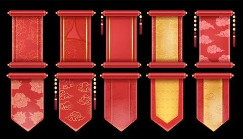 3D Chinese scroll set, red festive banner kit, vector royal asian game 스톡 일러스트