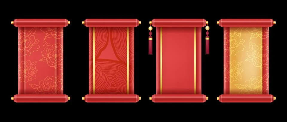 3D Chinese scroll set, royal red festive banner kit, vector asian game UI Stock Illustration