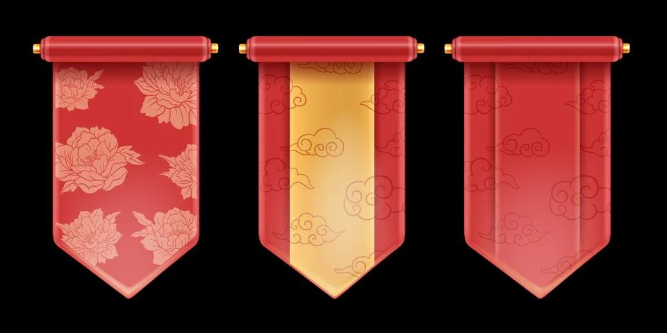 3D Chinese scroll set, vector royal red festive banner kit, asian game UI 스톡 일러스트