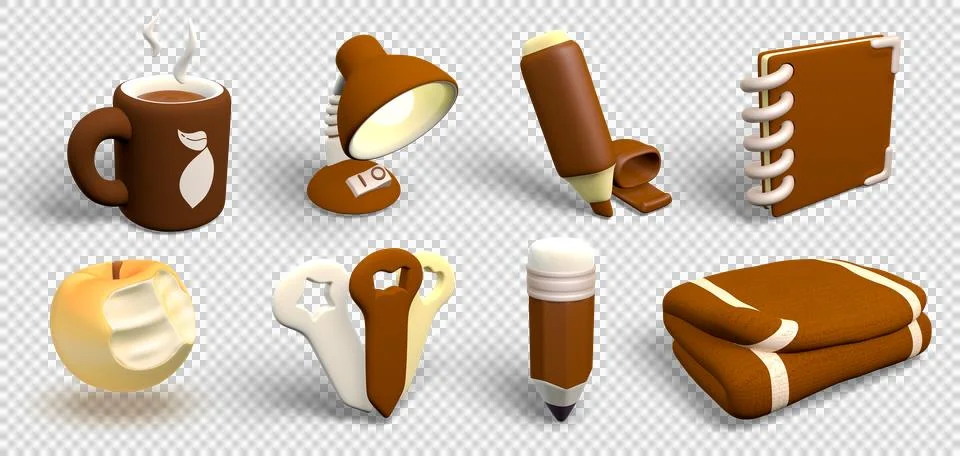 3D Chocolate Clay Cozy Study Icons - Mug, Lamp, Notebook Set イラスト素材