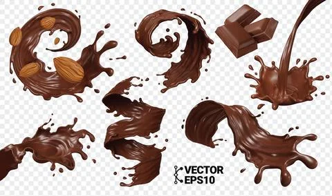 3D Chocolate splash isolate realistic vector eps set, pieces of chocolate b.. Stock Illustration