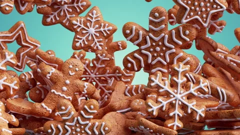 3d Christmas background with gingerbread cookies falling into the pile Stock Footage 141131573