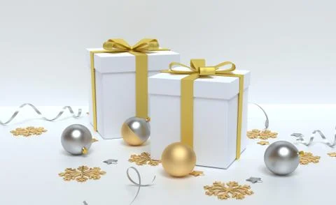 3d Christmas background horizontal view, white gift and gold bow, silver and Stock Illustration