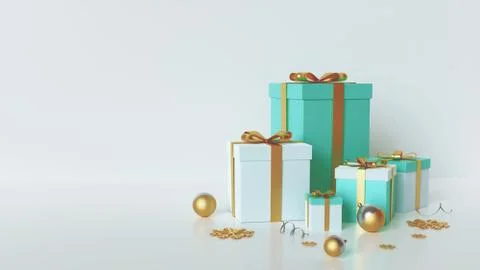 3d Christmas background horizontal view, white and blue gift and gold bow Stock Illustration