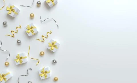 3d Christmas background top view, white gift and gold bow, silver and golden Stock Illustration
