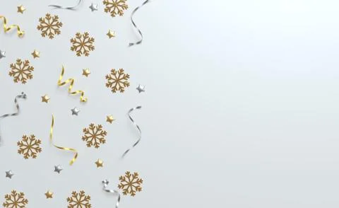 3d Christmas background top view, silver and golden balls, tinsel and stars Stock Illustration