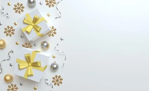 3d Christmas background top view, white gift and gold bow, silver and golden Stock Illustration