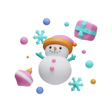 3D Christmas composition. Snowman, gift box, snowflake, glass ball. Illustrazione stock