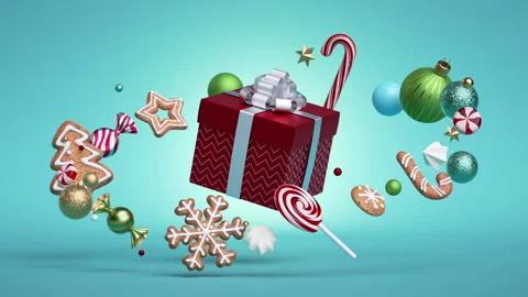 3d Christmas endless animation, looping intro. Glass balls, candy cane Stock Footage 136735130
