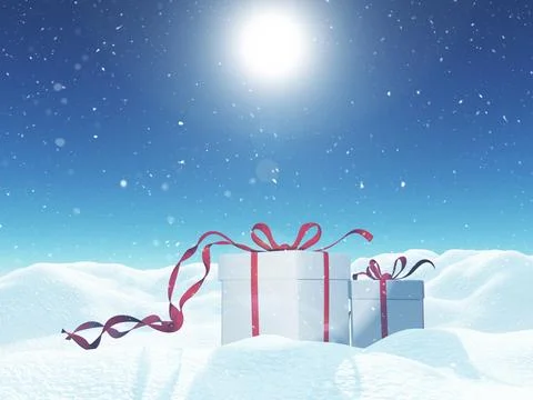3D Christmas landscape with gift box nestled in snow Stock Illustration