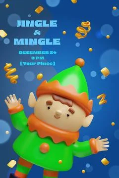 3D Christmas poster featuring a cute elf Stock Illustration