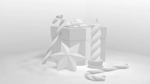 3d christmas present, white square box wrapped in bow, candy, stars. Seasonal Stock Illustration