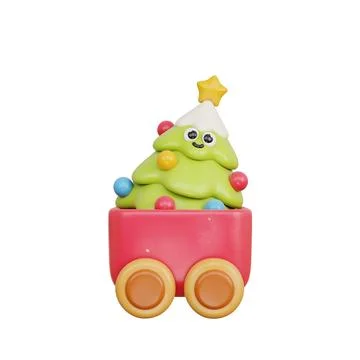 3D Christmas toy train with pine tree, Merry Christmas and happy new year, .. Stock Illustration