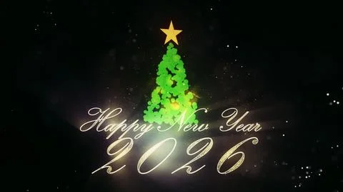 3d Christmas tree and light particles on black background. New Year 2026 Stock Illustration