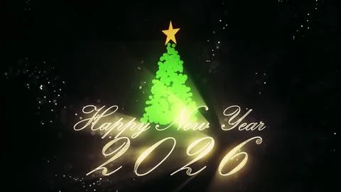 3d Christmas tree and light particles on black background. New Year 2026 Stock Illustration