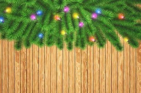 3D Christmas tree branches with lights on a wooden texture Stock Illustration