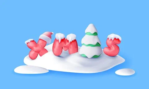 3D Christmas tree in snow, red balloon xmas word 스톡 일러스트
