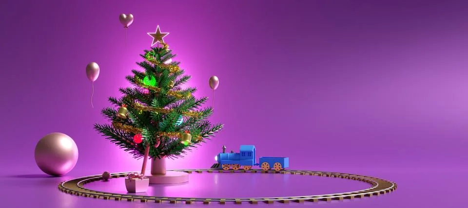 3D Christmas Tree with Train and Balloons Stockillustratie