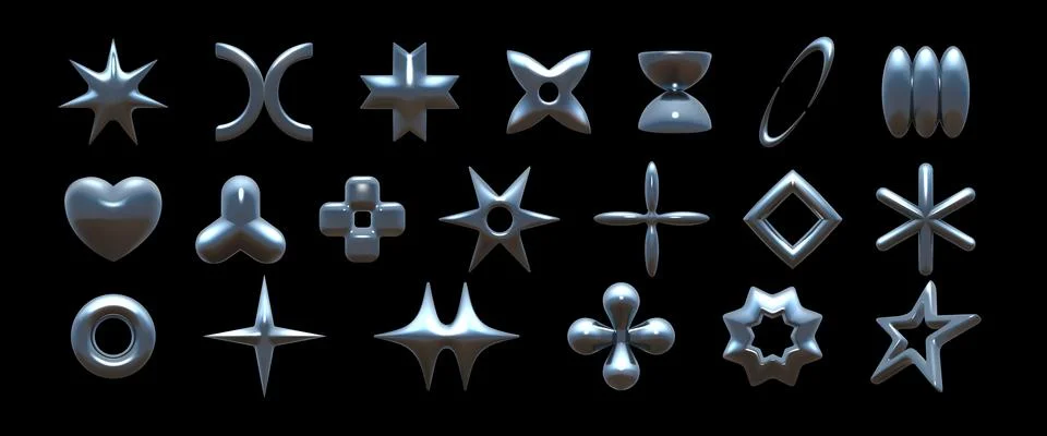 3d chrome elements. Metal Y2K heart, flower and geometric elements, abstract Stock Illustration