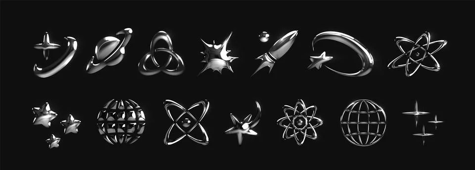 3D chrome elements. Y2K abstract silver space icons. Galaxy and cosmic Stock Illustration