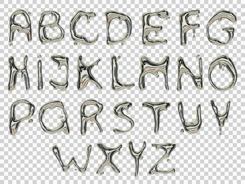 3D chrome font set, liquid metal y2k alphabet, futuristic silver melted 스톡 일러스트