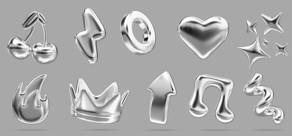 3d chrome y2k metal elements set. Silver glitter crown, cherry, music note Stock Illustration
