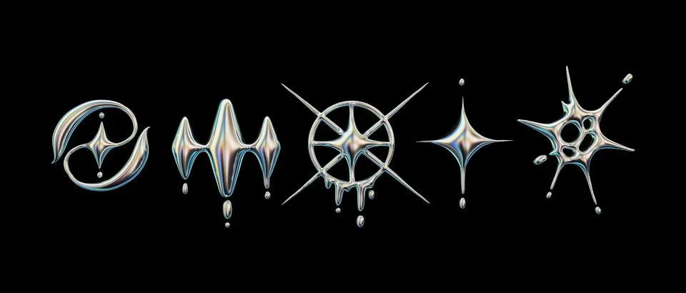 3D chrome y2k shape set, silver liquid star, futuristic metal retro Illustrazione stock