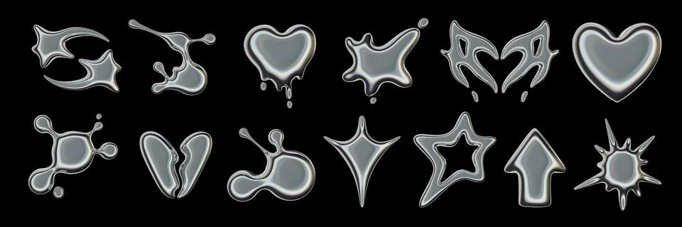 3D chrome y2k shape set, mercury cosmic metal objects, liquid Stock Illustration